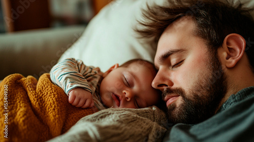 Father and baby sleeping peacefully together on a couch covered with a yellow blanket indoors