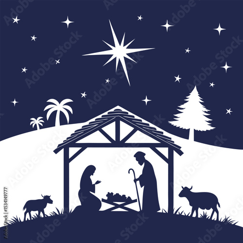 Christmas Nativity scene with Holy Family silhouette, guiding star, and winter forest landscape at night