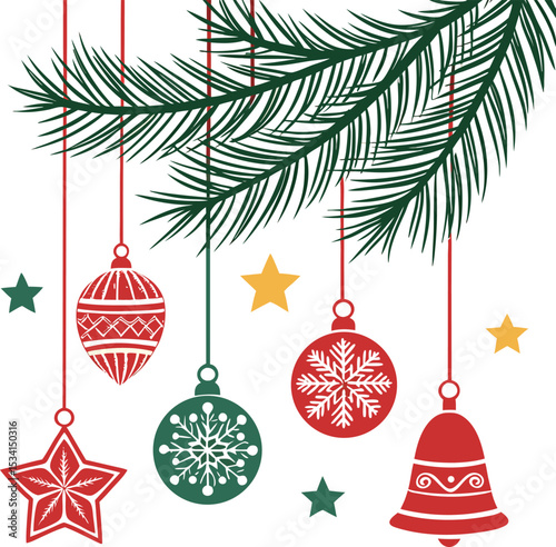 Set of festive Christmas decorations with gold balls, fir tree branches, and snowflakes, perfect for winter holiday celebration cards and new year designs