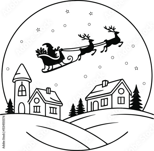 Winter holiday night landscape with Santa Claus, snowy house, and decorated trees