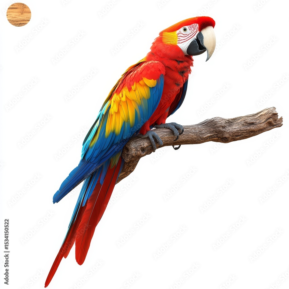 Fototapeta premium Vibrant Macaw on a Branch with Brilliant Multicolored Feathers