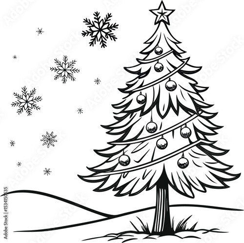 Green pine Christmas tree vector illustration with snowflakes for winter holiday celebration