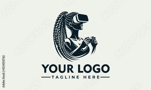 Intrigued woman with long braids wearing a virtual reality headset and holding a game controller with attached microphones. Immersive gaming concept