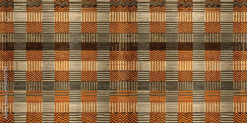 A vibrant geometric pattern featuring earthy tones and varied textures.