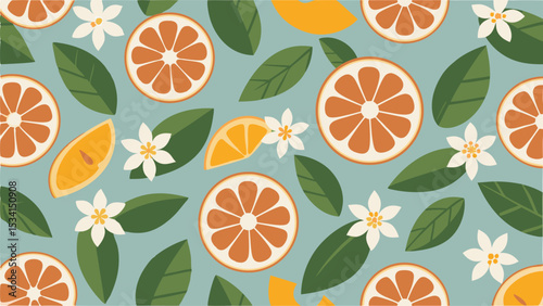 A zesty citrus grove of orange slices and blossoms a refreshing summer mood flat vector style light