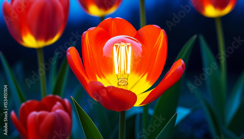 Bright red-yellow tulip with a bulb inside instead of a pistil. Macro shot, digital surrealism, fantasy style, evening scene