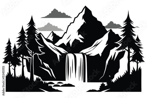 Monochrome Silhouette Landscape Mountains, Waterfall, Pine Trees, and Clouds Vector Illustration Graphic