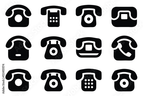 Collection of black silhouette icons depicting different styles of vintage telephones