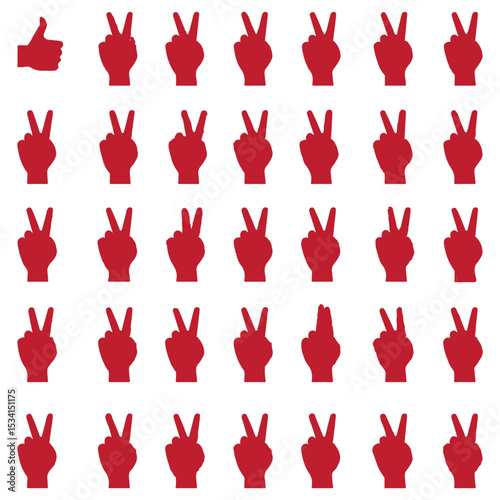 Hand gestures silhouette mega set in flat graphic design. Collection elements of different expression human arm, open palm, heart shape, finger up, peace, rock, rude signs, fist. Illustration.
