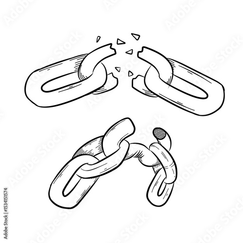The iron chain broken vector line art hand drawn illustration 