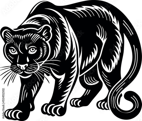 Detailed black panther walking forward silhouette vector illustration
