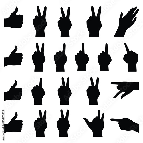 Hand gestures silhouette mega set in flat graphic design. Collection elements of different expression human arm, open palm, heart shape, finger up, peace, rock, rude signs, fist. Illustration.
