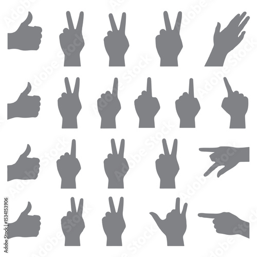 Hand gestures silhouette mega set in flat graphic design. Collection elements of different expression human arm, open palm, heart shape, finger up, peace, rock, rude signs, fist. Illustration.