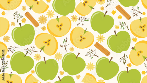 A delightful autumn harvest pattern of crisp green apples cinnamon sticks and golden flowers on a