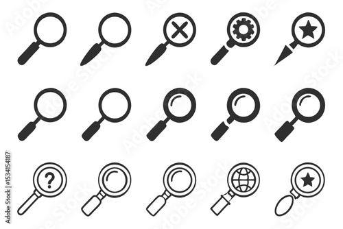 Collection of black magnifying glass icons with different symbols for design and searching