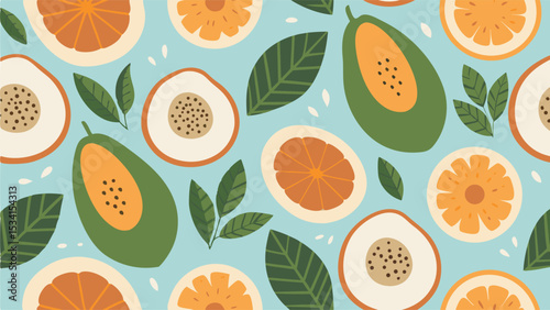 A whimsical pattern of sliced oranges papayas and leaves evokes a tropical bliss digital art on a