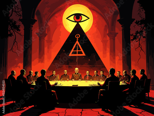  Illuminati meeting, all seeing eye pyramid, concept of secret societies  Square and Compass