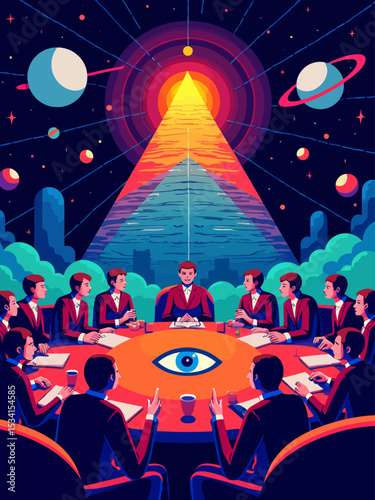  Illuminati meeting, all seeing eye pyramid, concept of secret societies  Square and Compass