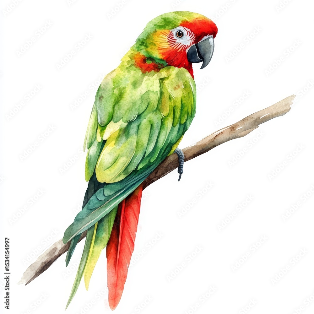 Fototapeta premium Colorful Macaw Parrot Perched on Branch with Bright Green Feathers