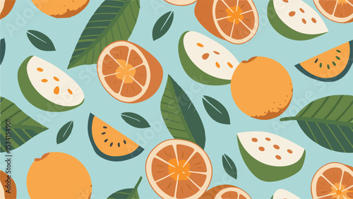 A refreshing citrus blend of oranges and guava slices amidst lush green leaves evoking summer