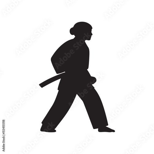 Simple black vector icon of a karate gi with belt, representing martial arts and training on white background