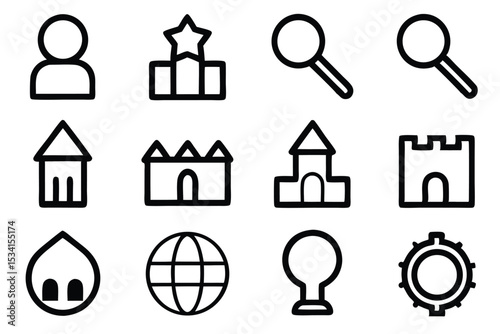 Simple black and white icon set featuring various web and application symbols