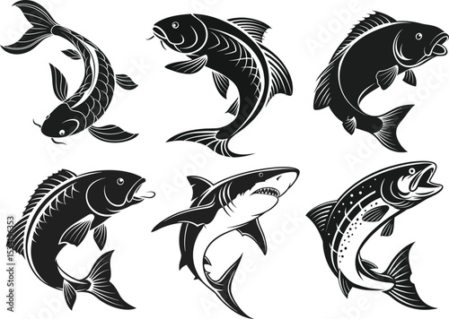 set of black and white fishes silhouette vector illustration