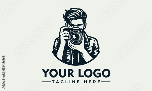 Stylish portrait illustration of a young man holding a professional DSLR camera. Photography hobby concept