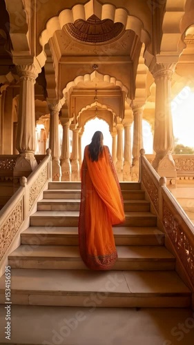 Wallpaper Mural Woman in traditional orange sari ascends marble stairs through arched colonnade hallway within ornate building Torontodigital.ca