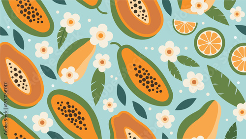 Delightful papaya and citrus fruit garden a vibrant tropical pattern evoking summer joy on light