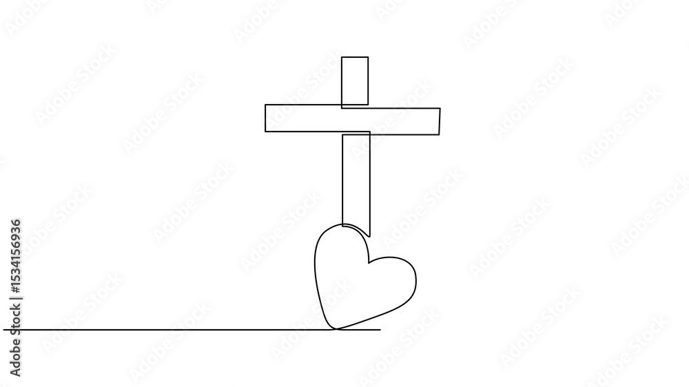 Self drawing line animation heart with Christian cross religion ...