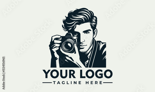 Stylish portrait illustration of a young man holding a professional DSLR camera. Photography hobby concept