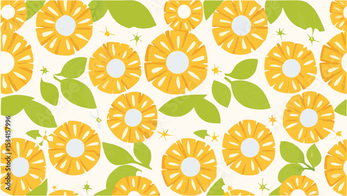 Fresh Pineapple slices and leaves creating tropical vibe wallpaper presented in a flat lay vector