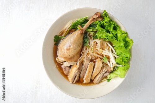 Duck Noodles Soup,Stewed Duck Noodles on white background