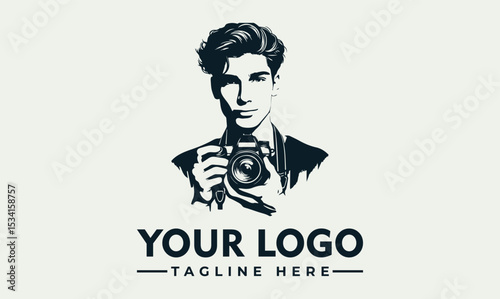 Stylish portrait illustration of a young man holding a professional DSLR camera. Photography hobby concept