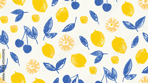 Summer zest unfolds in a delightful pattern of lemons cherries and foliage bright and cheerful with