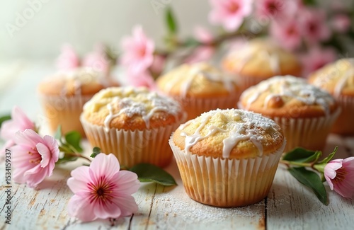 Fresh homemade muffins decorated with icing, spring flowers on rustic wooden background. Dessert food photography concept. Breakfast table scene with pastry, flowers, brunch composition. Delicious
