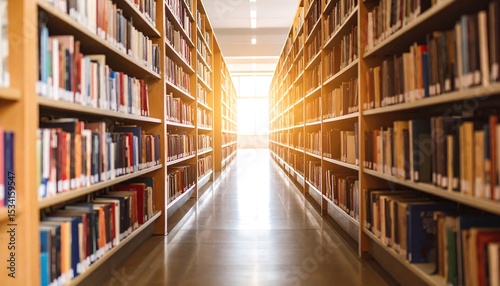 Infinite Aisles of Books in Serene Library Corridor Perspective