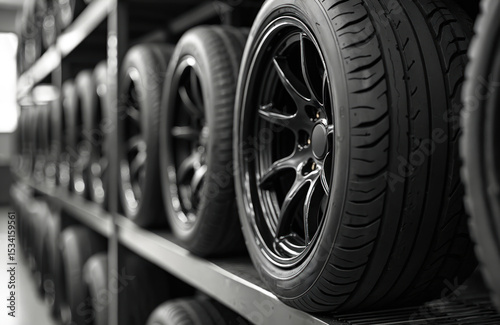 Row black tires on metal shelf. Alloy wheels, rubber tire profiles ready to use. Automotive spare parts, car service shop, tire fitting workshop. Car wheels in store.