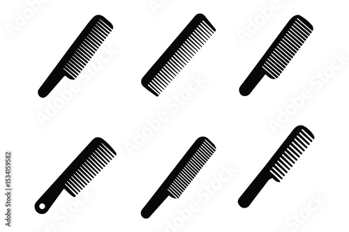 Six black plastic combs arranged on a white background