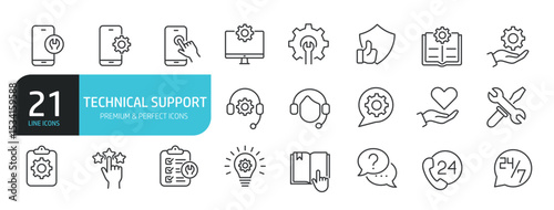Set of line icons related to technical support, contact us, communication. Outline icons collection. Editable stroke. Vector illustration