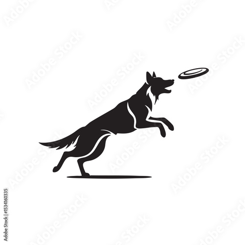 Dynamic Dog Leaping, Catching Frisbee - Canine Action Silhouette