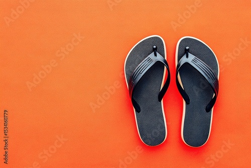 Black flip-flops on an orange background, top view. Summer beachwear for vacation and travel. Design with copy space, Space for text or product placement.