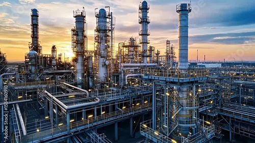 Industrial Complex Illuminated At Sunset With Metallic Structures Against The Colorful Sky