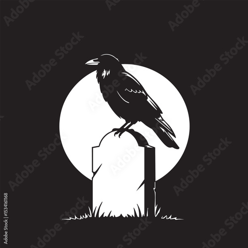 Mysterious Raven Silhouette Perched on Tombstone Under Moonlight