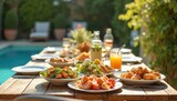 Outdoor meal table setting. Food dishes served for lunch, brunch, dinner at patio. Garden, pool background. Gathering with home cooking for weekend celebration.