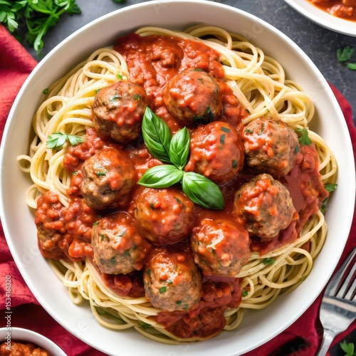 a plate of meatballs in red sauce served over pasta. the dish is presented against a dark background and garnished with a sprig of parsley on top