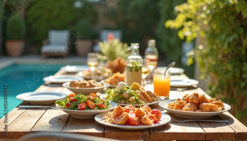 Outdoor meal table setting. Food dishes served for lunch, brunch, dinner at patio. Garden, pool background. Gathering with home cooking for weekend celebration.