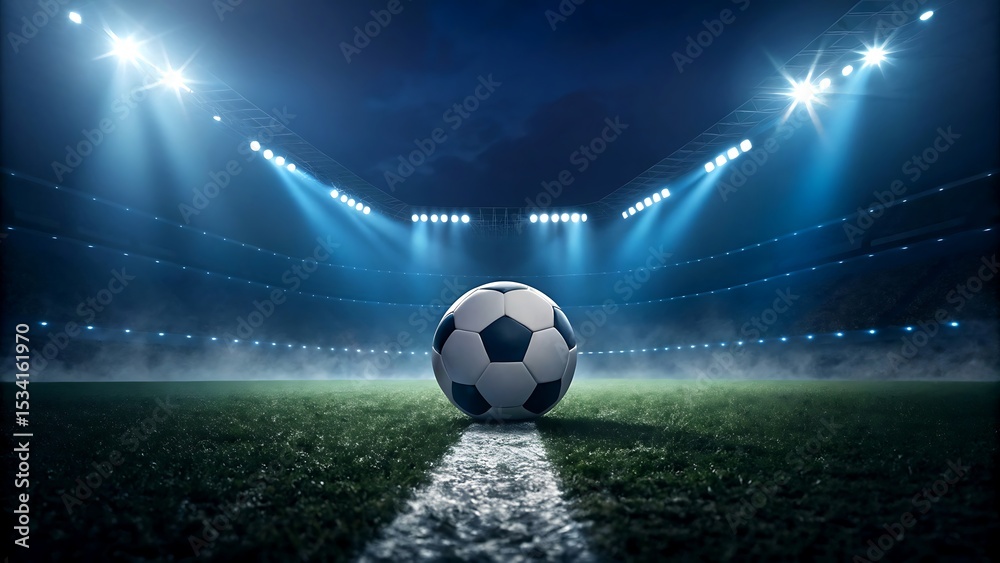 Obraz premium Soccer ball on stadium field under bright lights at night