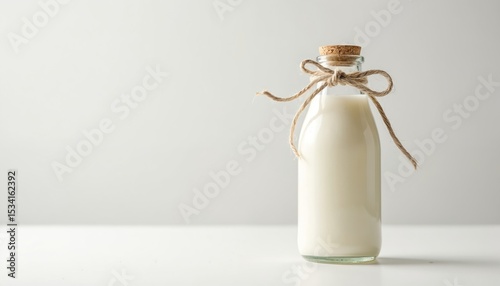 Glass bottle of milk on white background. Healthy beverage concept promotes longevity anti-aging benefits. Dairy drink ideal for lifestyle medicine promotes wellbeing. Nutrition, diet, fresh